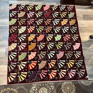 1903 HandMade Antique Crazy Quilt Colorful Patchwork with Fan Design 68X75